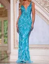 Jovani Intricate Beaded Mermaid Gown In Blue In Blue