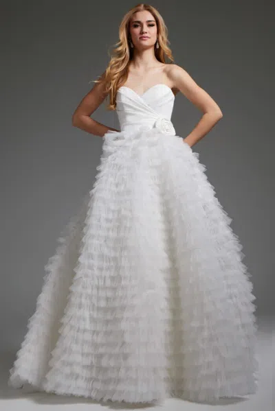 Jovani Jb38958 Long Pleated A Line Ruffle Wedding Dress In White