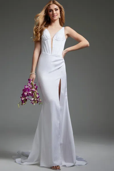 Jovani Jb40782 Fitted Long High Side Slit Wedding Dress In White