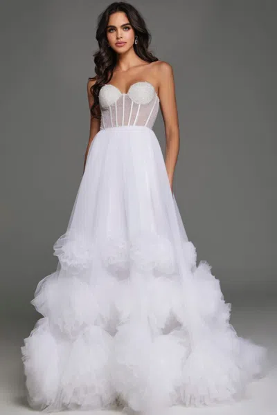 Jovani Jb42782 A Line Long Floral Ruffle Wedding Dress In White