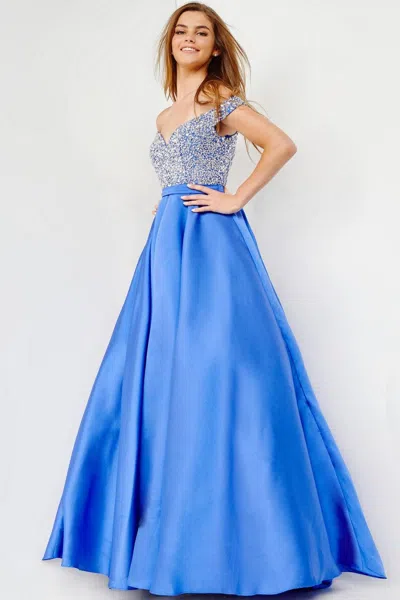 Jovani Jvn08474 Off Shoulder Long A-line Evening Gown In Blue