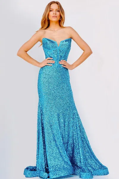 Jovani Jvn23077 Strapless Fitted Long Evening Dress In Blue