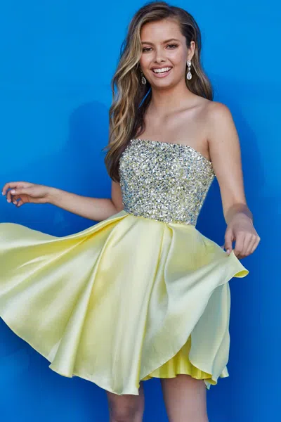 Jovani K00722 Prom Short Pleated Sequin Homecoming Girls Dresses In Yellow
