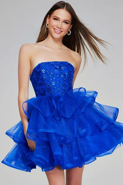 Jovani K38440 Beaded Homecoming Short Ruffle Mini Girls Dresses In Blue