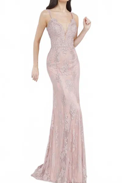 Jovani Lace Deep V-neck Dress In Dusty Pink