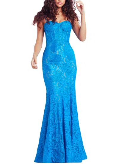 Jovani Lace Mermaid Sweetheart Gown In Peacock In Blue