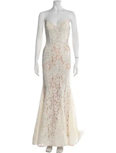 Pre-owned Jovani Lace Pattern Long Dress In Neutral