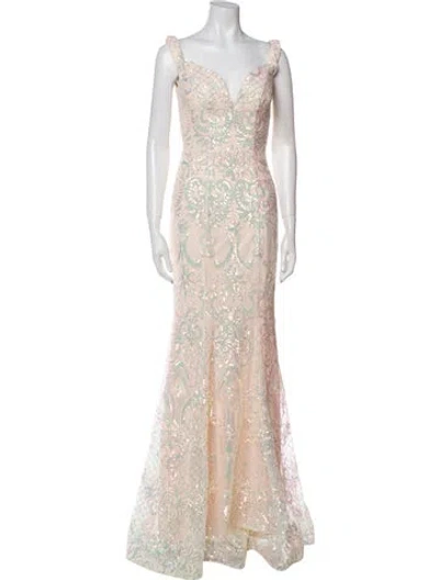 Pre-owned Jovani Lace Pattern Long Dress W/ Tags In Neutral