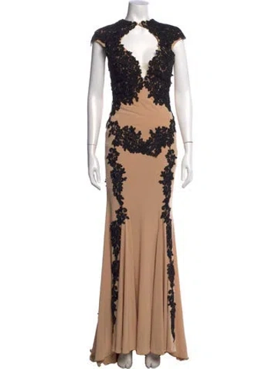 Pre-owned Jovani Lace Pattern Long Dress W/ Tags In Neutral