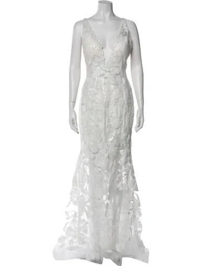 Pre-owned Jovani Lace Pattern Long Dress In White