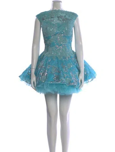 Pre-owned Jovani Lace Pattern Mini Dress In Blue