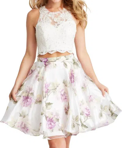 Jovani Lace Top Floral Print Skirt Set Dress In White Print In Multi