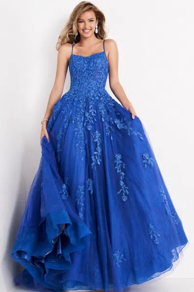 Jovani Long Embroidered Lace A-line Gown In Cobalt In Blue