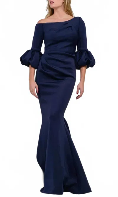 Jovani Long Formal Pleated Trumpet Dress In Navy In Blue