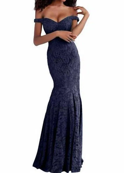Jovani Long Lace Mermaid Dress In Navy In Blue