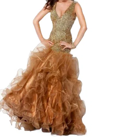 Jovani Long Ruffle Prom Dress In Gold In Brown