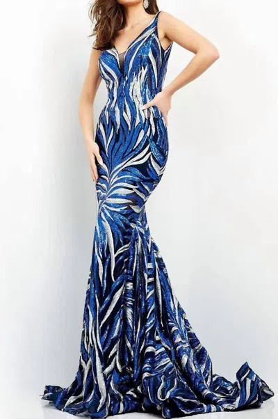 Jovani Long Sequin Gown In Navy/silver In Multi