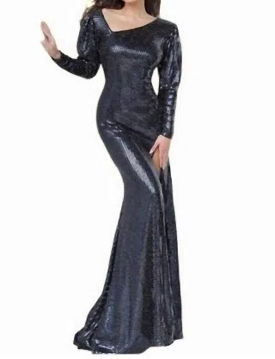 Jovani Long Sleeve Gown In Black In Blue