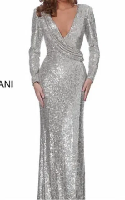 Jovani Long Sleeve Sequin Fitted Evening Gown In Silver
