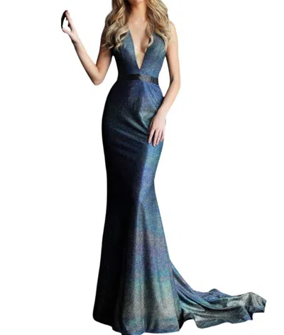 Jovani Low V Neck Embellished Belt Prom Dress In Navy/multi In Blue