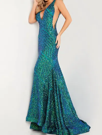 Jovani Low V Neck Sequin Dress In Iridescent Teal