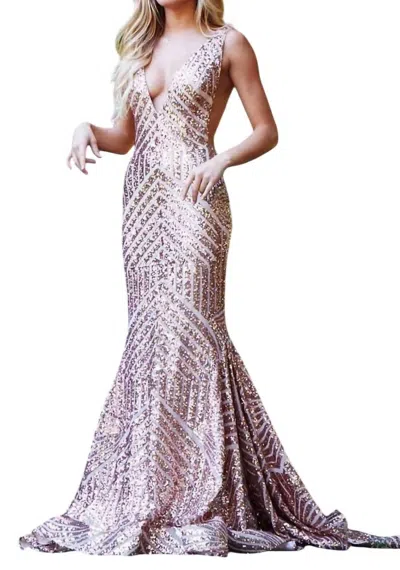 Jovani Low V Neck Sequin Dress In Rose Gold