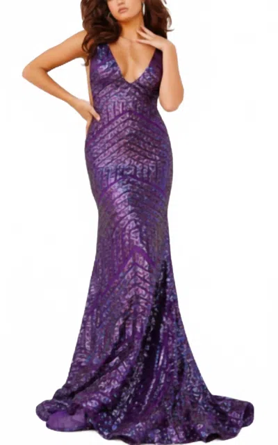 Jovani Low V Neck Sequin Sheath Dress In Iridescent Purple