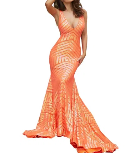Jovani Low V Neck Sequin Sheath Dress In Neon Orange