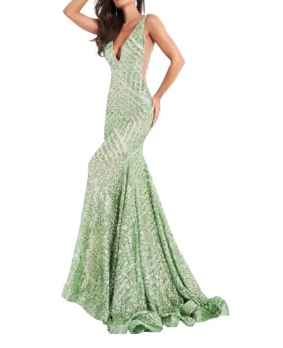 Jovani Low V Neck Sequin Sheath Dress In Pale Green
