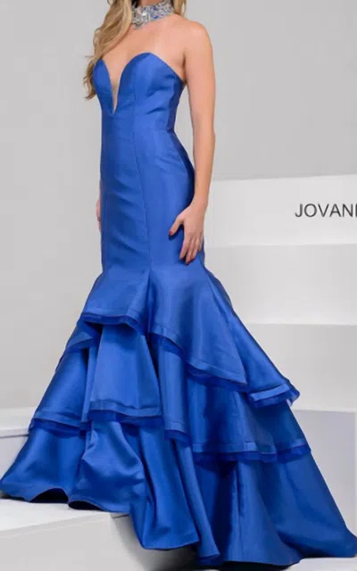 Jovani Machado Strapless Gown With Beaded Necklace In Royal Blue
