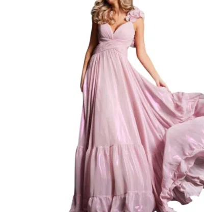 Jovani Metallic Chiffon V-neck Maxi Dress In Pink