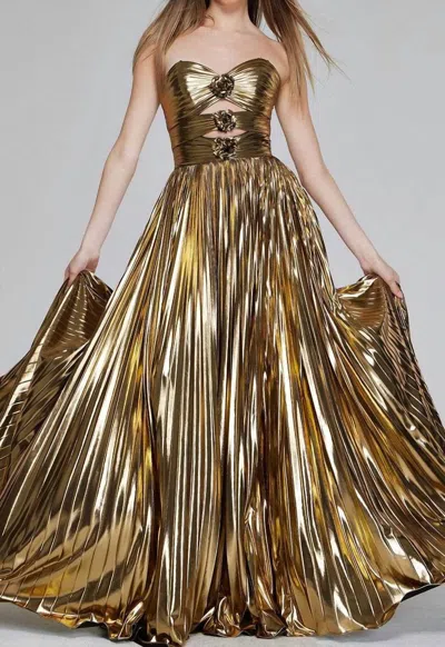Jovani Metallic Cutout Evening Gown In Gold In Brown