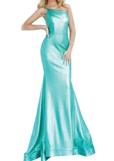 Jovani Metallic Fitted One Shoulder Prom Dress In Aqua Green In Blue