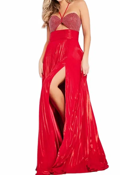 Jovani Metallic Halter Pleated Prom Dress In Red