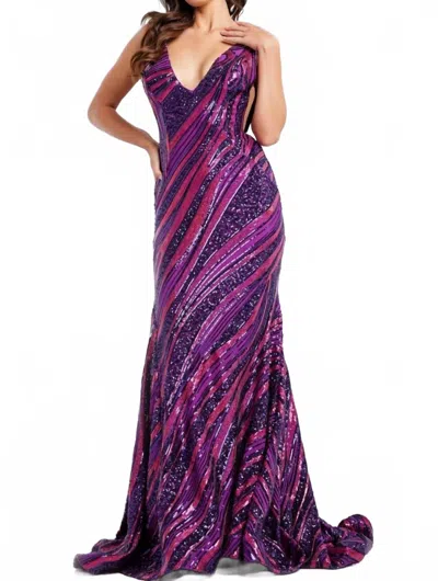 Jovani Midnight Sequin Wave Dress In Purple/fuchsia In Multi