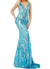 Jovani Multicolored Sequin Sleeveless Dress In Iridescent Jade In Blue