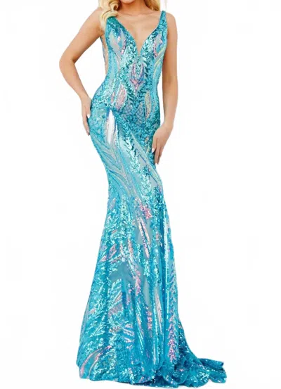 Jovani Multicolored Sequin Sleeveless Dress In Iridescent Jade In Blue