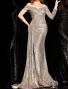 Jovani Nude Sequin Off Shoulder Dress In Gold In Gold