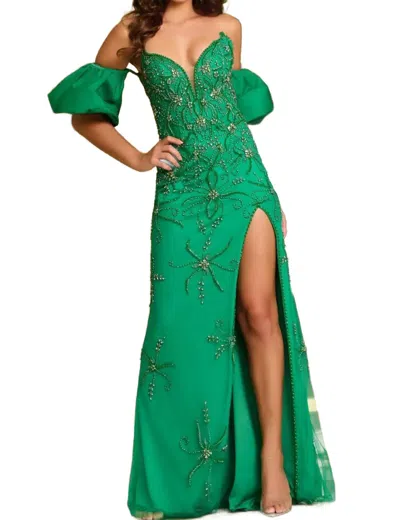 Jovani Off-shoulder Beaded Gown In Emerald In Gold