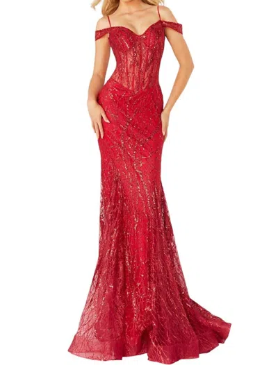 Jovani Off Shoulder Glitter Mermaid Long Gown In Red