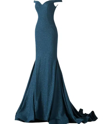 Jovani Off-shoulder Glittered Mermaid Gown In Peacock In Blue