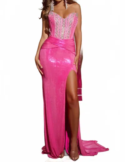 Jovani Off-shoulder Gown With Beaded Corset Bodice And Side Slit In Hot-pink