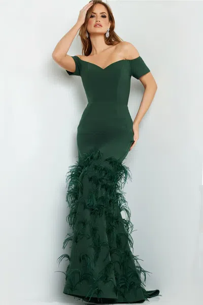 Jovani Off-shoulder Gown With Feathers In Green