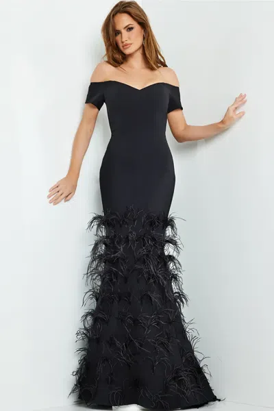 Jovani Off Shoulder Gown With Feathers In Black