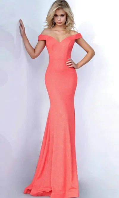 Jovani Off Shoulder Jersey Mermaid Gown In Orange In Pink