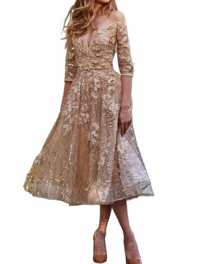 Jovani Off Shoulder Sweetheart Dress In Champagne In Brown