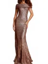 Jovani Off-the-shoulder Fitted Column Sequin Dress In Taupe In Brown