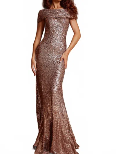 Jovani Off-the-shoulder Fitted Column Sequin Dress In Taupe In Brown