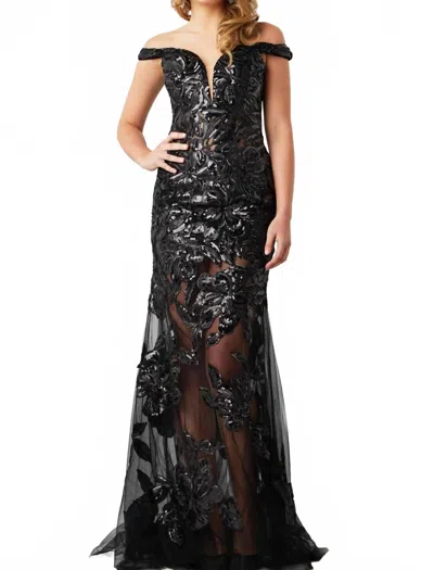 Jovani Off The Shoulder Illusion Dress In Black
