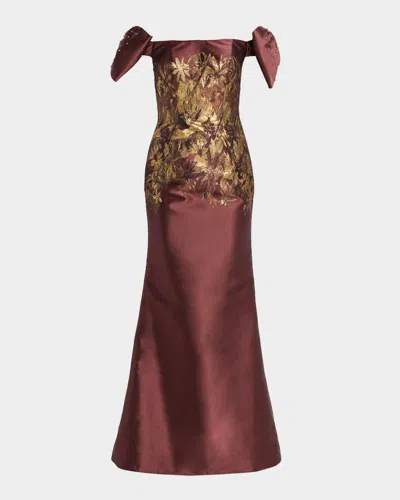 Jovani Off-the-shoulder Jacquard Gown In Brown